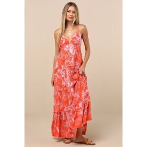 NWT Roxy Warm Rays Coral Tropical Print Tiered Tie-Back Maxi Dress XS